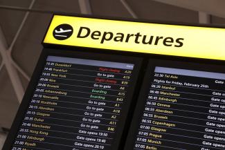 An airport departures board